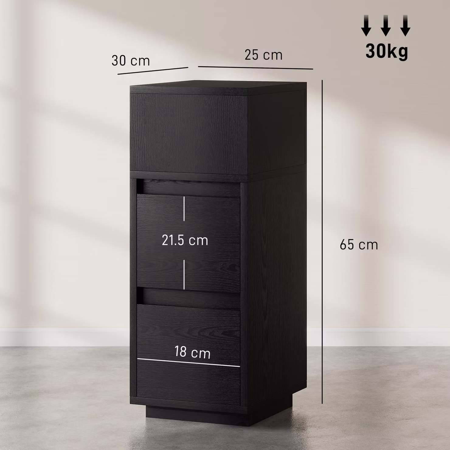 HOMCOM Slim Black Bedside Table with Open Shelf and 2 Drawers for Bedroom or Living Room – 3