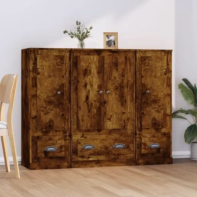 Berkfield Home Set of 3 Smoked Oak Highboards in Brown Engineered Wood – 1