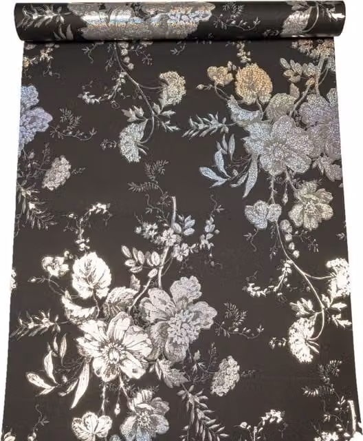 Arthouse Bijoux Florette Charcoal Floral Silver Glitter Holographic Vinyl Wallpaper in Silver and Anthracite