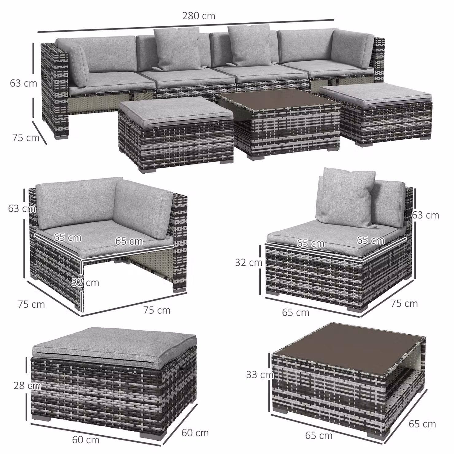 Outsunny 7-Piece Rattan Patio Furniture Set with Upholstered Cushions and Coffee Table in Grey – 3