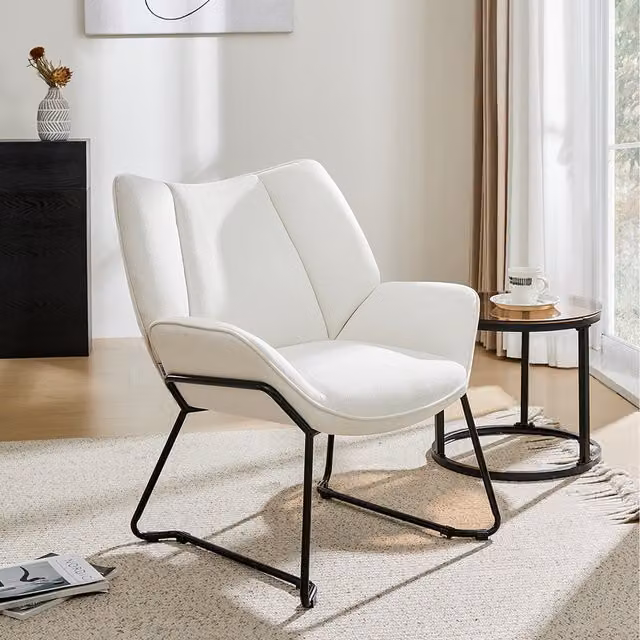 Livingandhome Minimalist Beige Fabric Accent Armchair with Metal Frame and Armrests