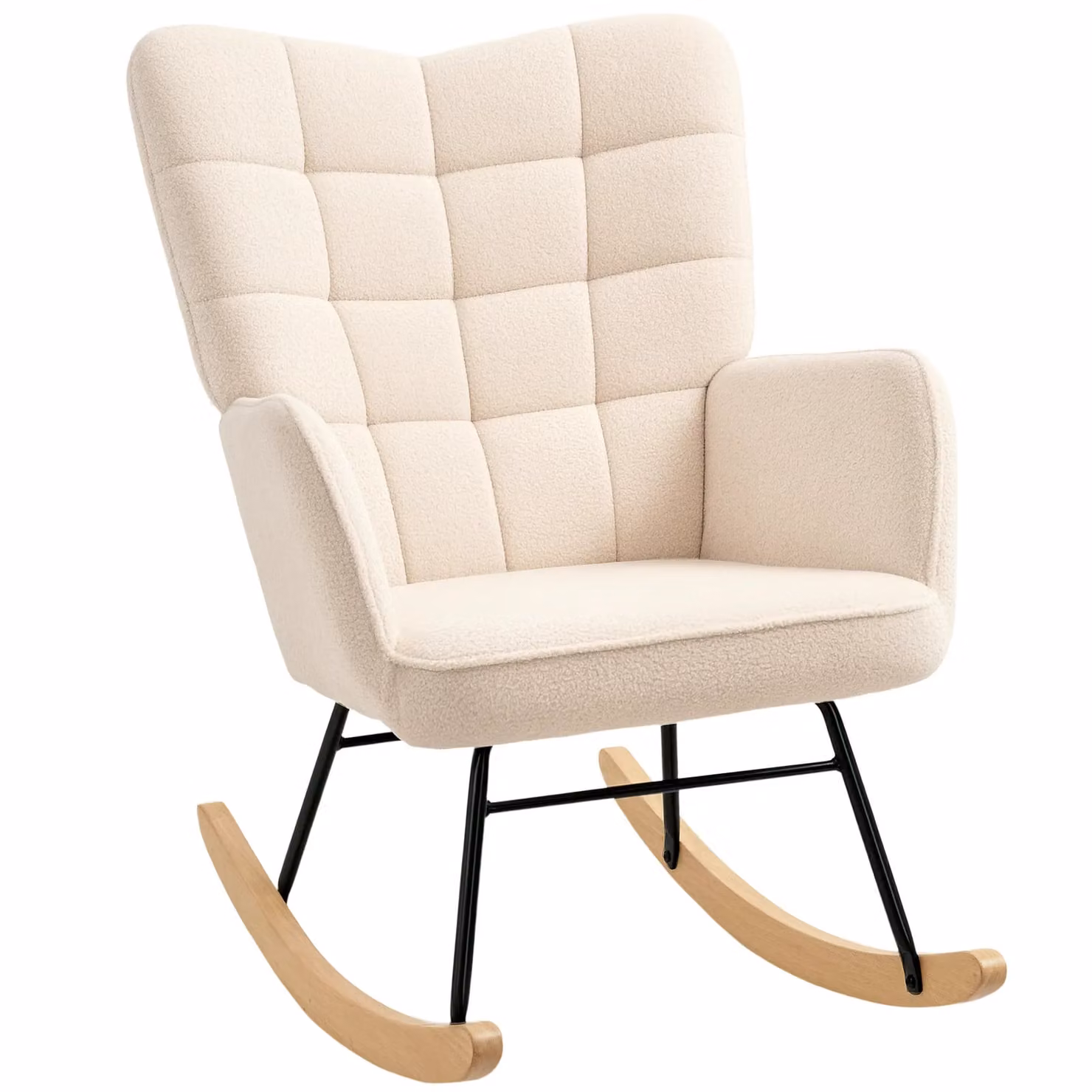 HOMCOM Oversized Wingback Rocking Chair in Beige Bouclé Fabric with Mixed Metal and Wood Frame – 2