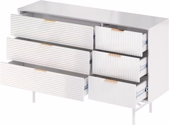 Komore Modern Glossy White and Gold Striped Chest of Drawers for Bedroom or Living Room
