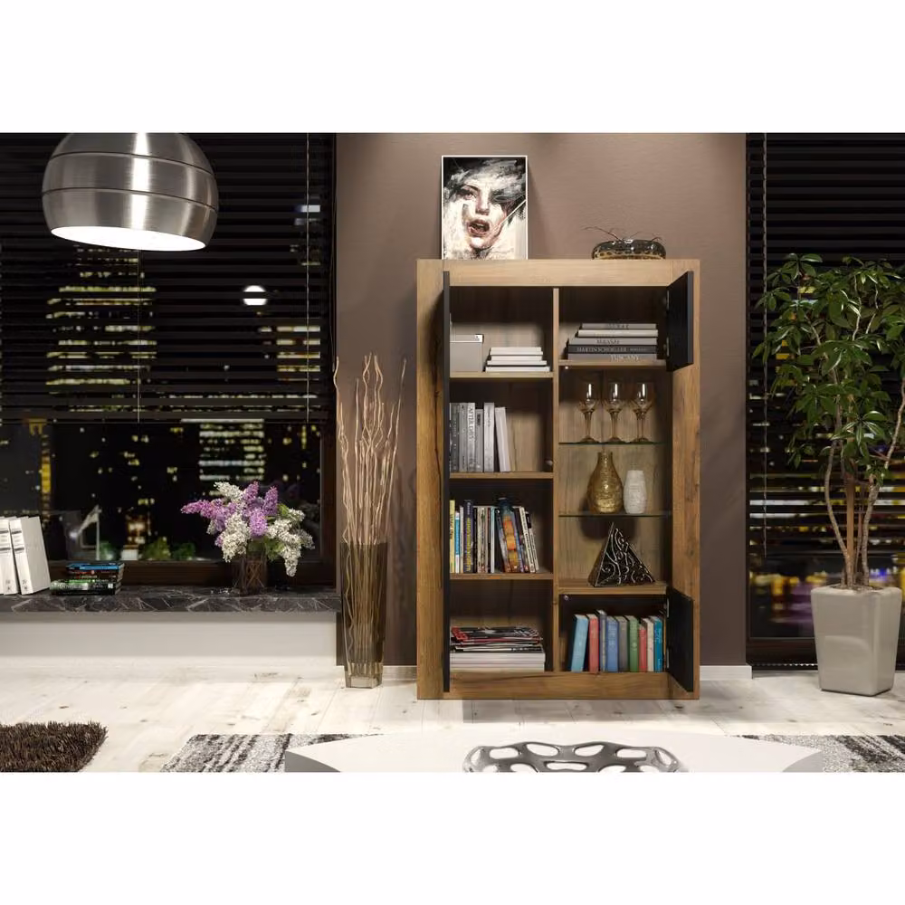 Mex Furniture LTD Arcadia Display Cabinet in Dark Oak with Matt Black Doors and Glass Shelves, Width: 140 cm – 4