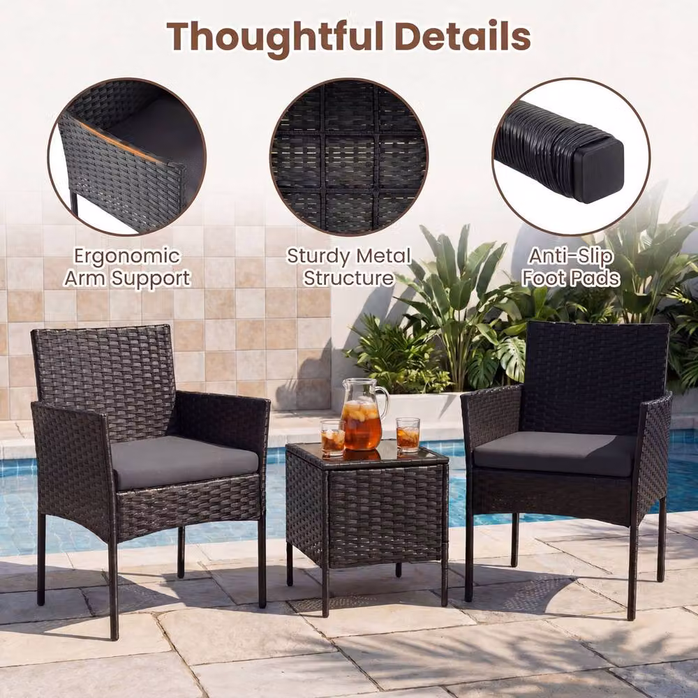 Costway 3-Piece Grey Rattan Garden Conversation Set with Cushions and Glass Top Table – 6