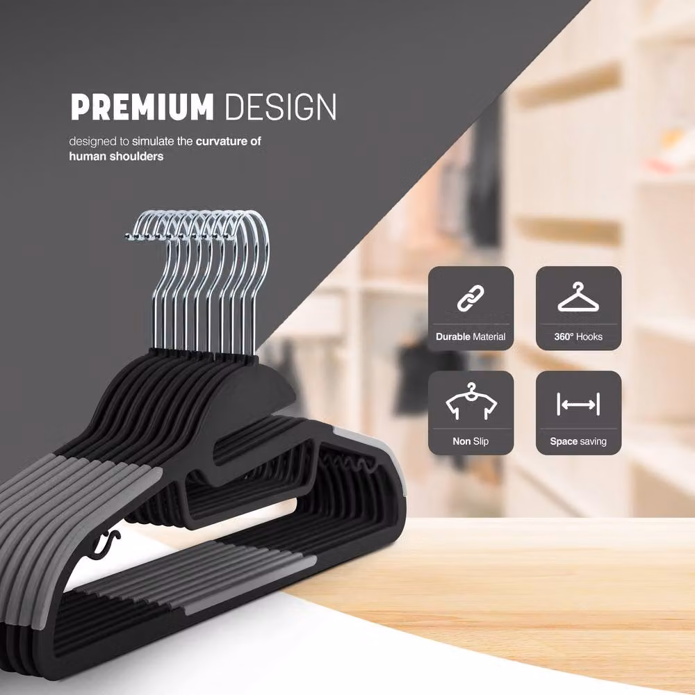 Keplin 30-Pack Non-Slip Space-Saving Plastic Hangers with 360 Degree Swivel Hook in Black – 3