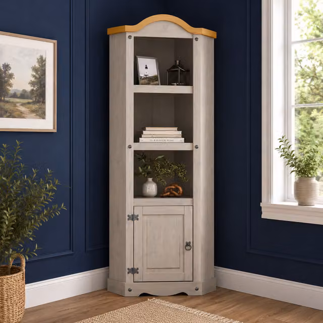Mews Grey Waxed Pine Corner Display Cabinet Bookcase
