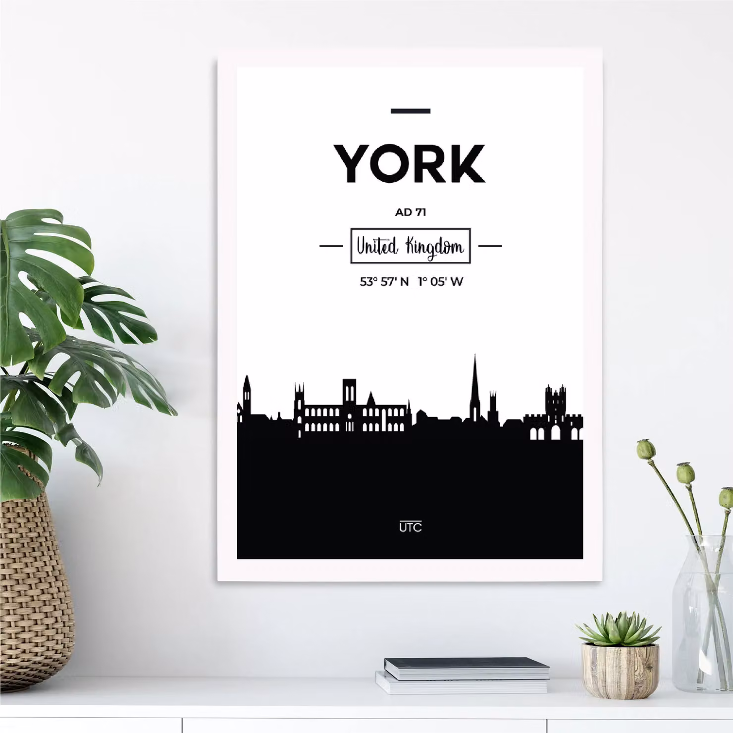 ARTZE York Black and White City Skyline Framed Print with White Frame – 2