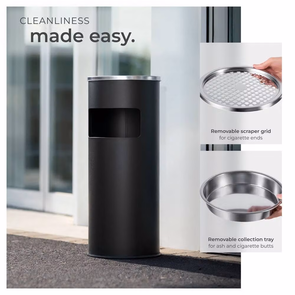 tectake Freestanding Metal Floor-Standing Ashtray in Black with Removable Inner Bucket, Height: 61.0 cm, Width: 25.0 cm – 4