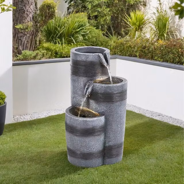 Lifeideas Solar Powered Round Tabletop Cascading Garden Fountain in Grey, Diameter: 23.8 cm