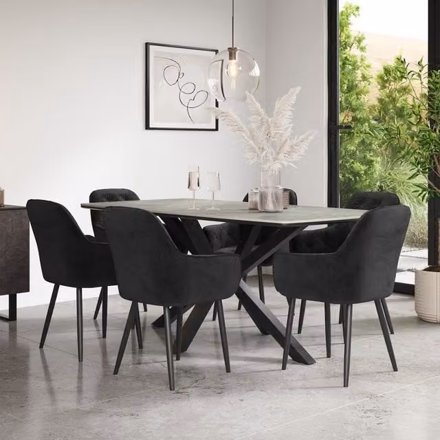 More4Homes Juno Light Grey Ceramic Dining Table with 8 Black Anika Velvet Chairs