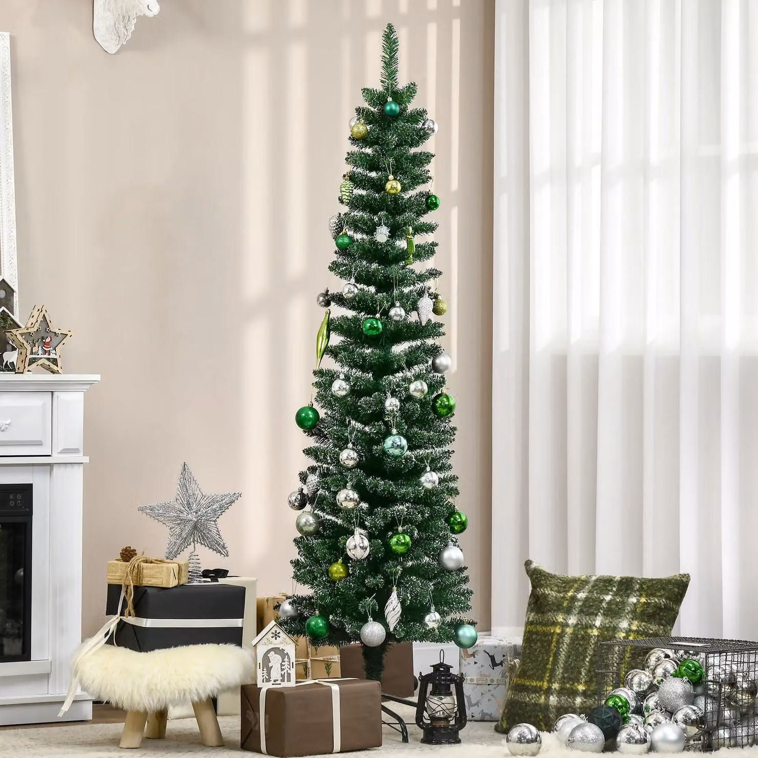 HOMCOM 5.5ft Artificial Snow Dipped Christmas Pencil Tree in Green – 2