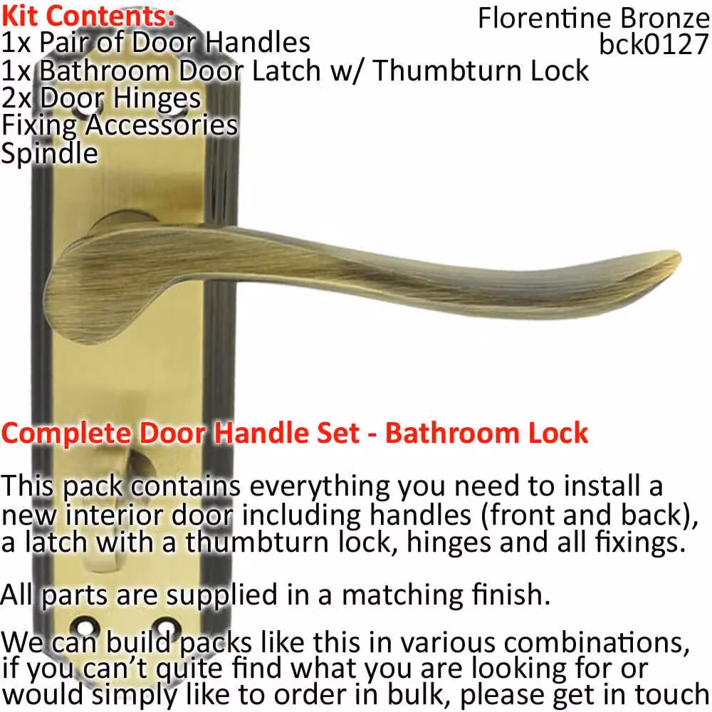 Loops Bronze Sculpted Lever Door Handle and Bathroom Lock Pack with Thumb Turn and Backplate – 2