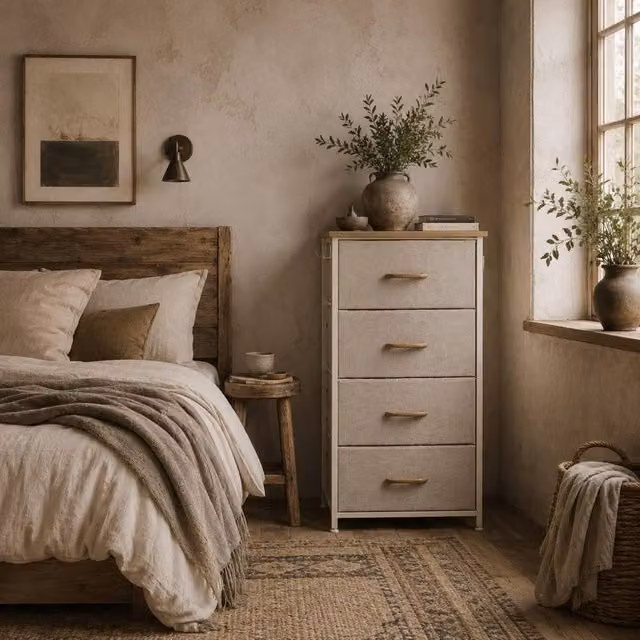 Wyld Haus Limi 4 Drawer Fabric Storage Chest with Metal Frame in Beige and White