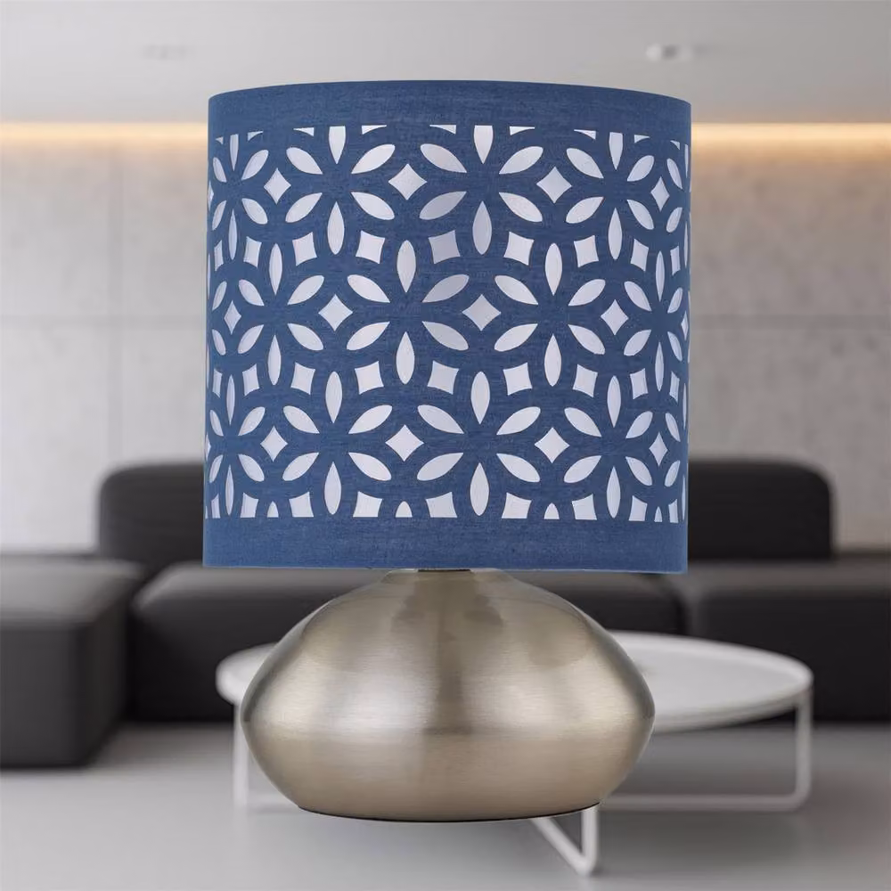 First Choice Lighting Jenson Touch Table Lamp in Brushed Chrome with Blue Fabric Shade – 3