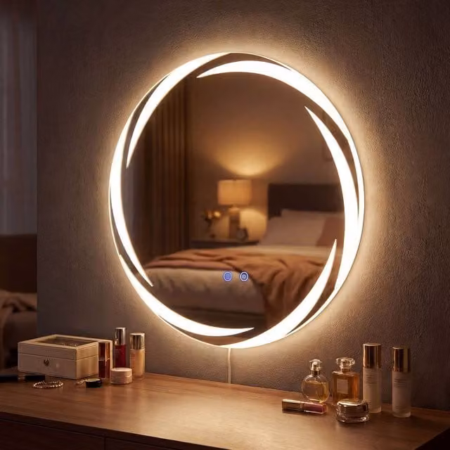Costway Round LED Bathroom Mirror in White with Dimmable 3-Colour Touch Control – 1