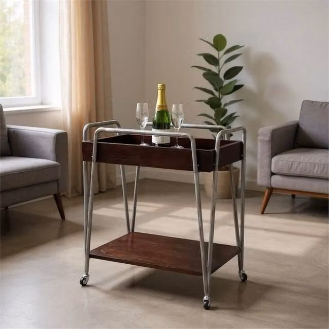 Nordara Brown Wooden and Metal Art Deco Rolling Bar Cart with Castors, W/D/H: 75 x 35 x 35 cm