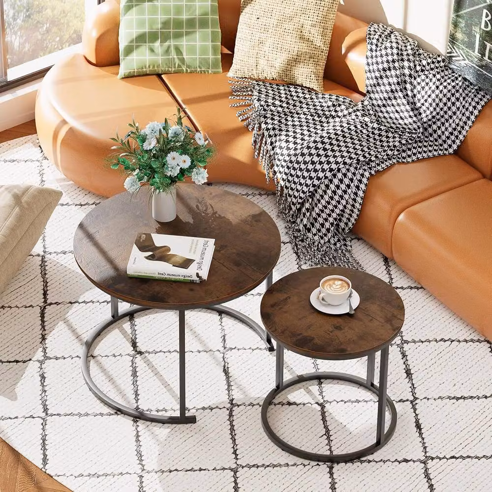 Huhote Round Nesting Coffee Table Set of 2 with Brown Wood Tops and Metal Frame – 3