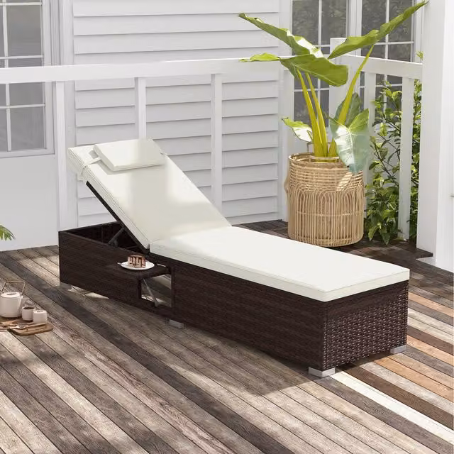 COSTWAY Modern White Rattan and Metal Outdoor Lounge Chair with 6-level Backrest