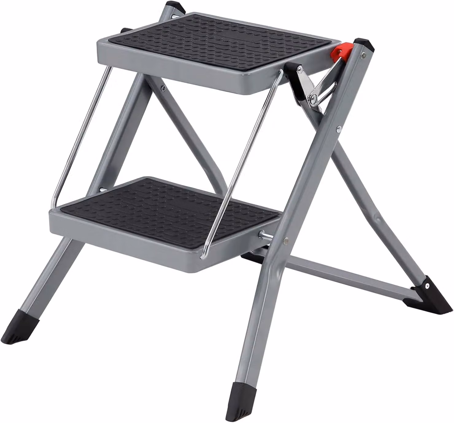SONGMICS Heavy Duty 2-Step Folding Steel Step Ladder in Grey with Handle and Rubber Feet – 8
