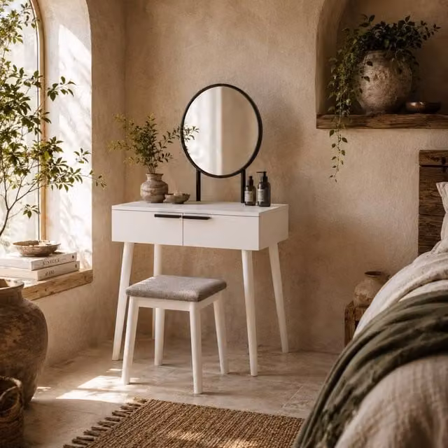 Wyld Haus Comika White Dressing Table and Stool Set with Round Mirror and 2 Drawers
