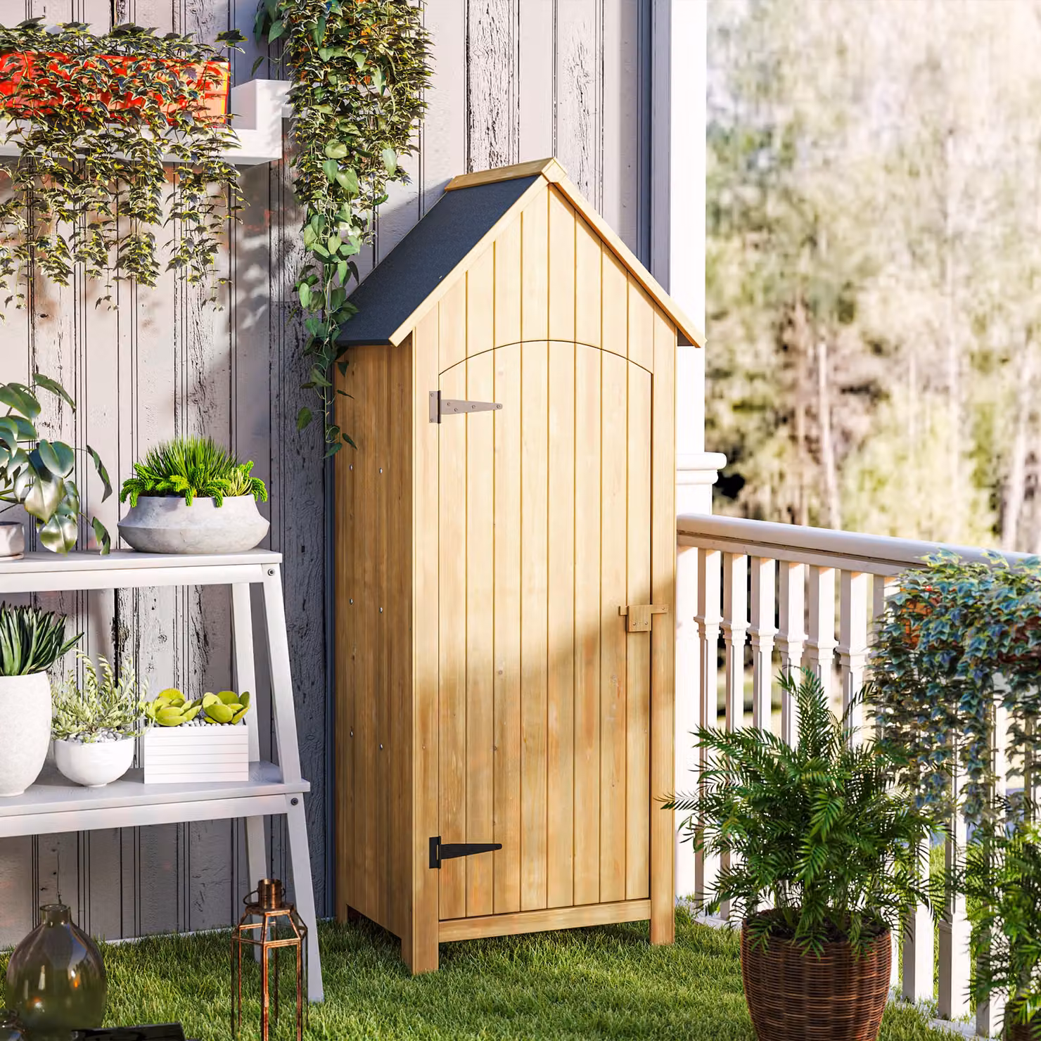 Outsunny Wooden Garden Storage Shed with 3 Shelves and Lockable Single Door, Brown, W/D/H: 77.5 x 54.2 x 179.5 cm – 5