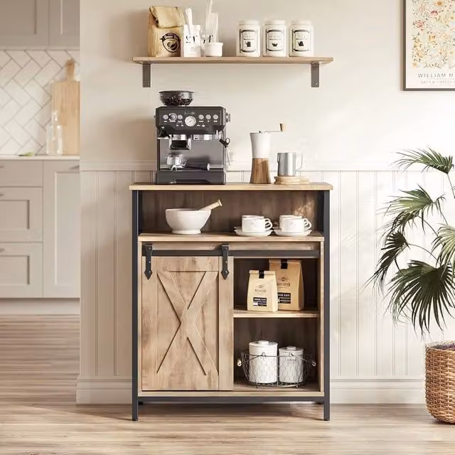 VASAGLE Industrial Storage Cabinet Sideboard with Sliding Door and Open Compartment in Camel
