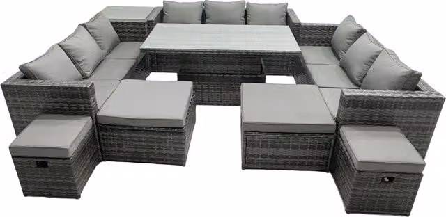 Fimous 13-Seat Dark Grey Mixed Rattan Garden Sofa and Dining Set with Tempered Glass Table