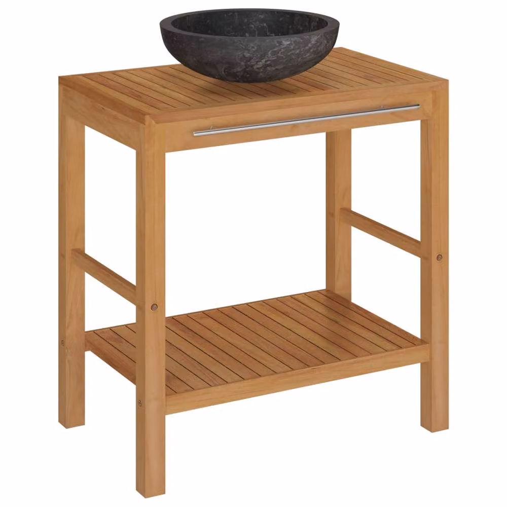 Berkfield Home Freestanding Solid Teak Bathroom Vanity Cabinet with Black Marble Sink – 2