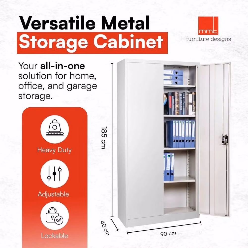 FLAVORA Grey Metal Storage Cabinet with 2 Locking Hinged Doors and Adjustable Internal Shelves – 3