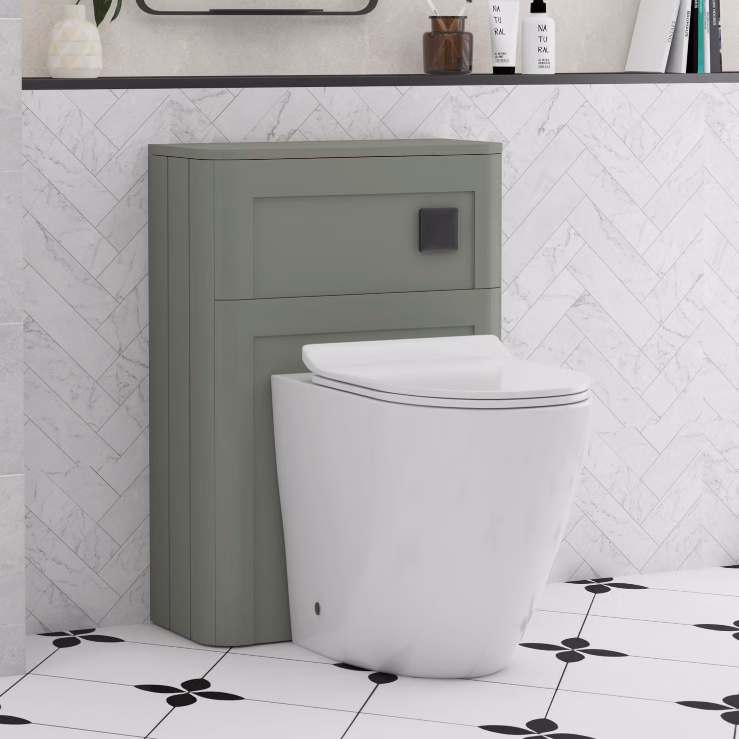 Royal Bathrooms Henley Sage Green Wall Mounted WC Unit with Elva Rimless Short Projection Toilet Pan and Slim Seat, Width: 55 cm