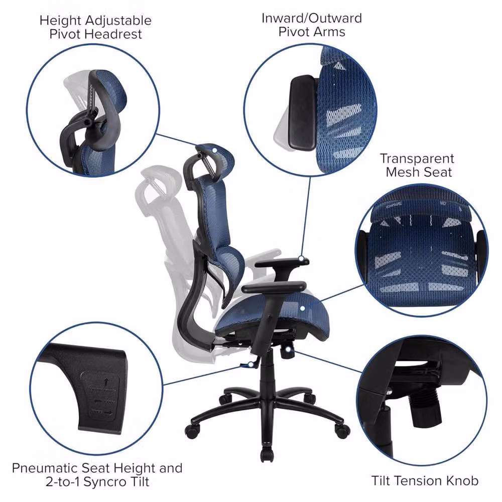 FWStyle Blue Ergonomic Modern Office Chair with Adjustable Headrest and Swivel Function – 2