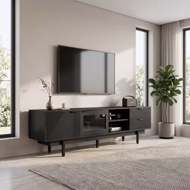 Stilvora Modern Black Matt TV Stand with 2 Doors, 2 Drawers, Shelves and Metal Accents