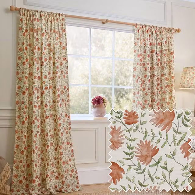Voyage Maison Elai Fully Lined 100% Cotton Pencil Pleat Curtain Pair in Terracotta and Multicolour, Width: 168 cm, Drop: 229 cm
