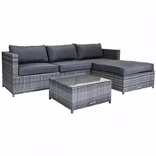 Charles Bentley L-Shaped 3 Seater Rattan Outdoor Lounge Set with Ottoman and Glass Tabletop, Grey, W/D/H: 73 x 73 x 64 cm – 3
