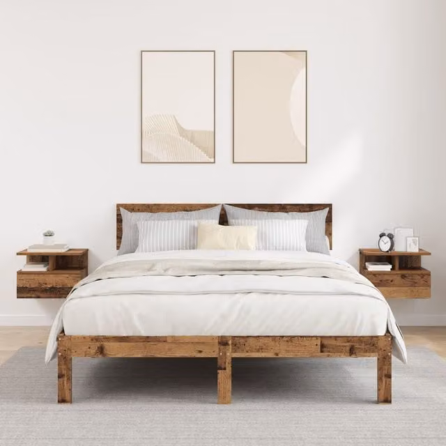 Berkfield Home Set of 2 Floating Nightstands in Brown Old Wood, W/D/H: 40 x 31 x 27 cm