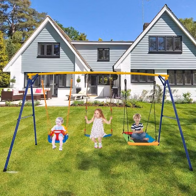 COSTWAY Outdoor Playground Swing Playset with Height-Adjustable Swing in Yellow