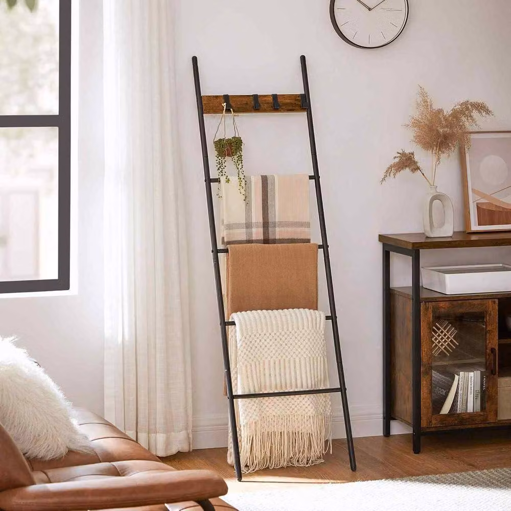 The Bazaarist 5 Tier Industrial Ladder Shelf with Towel Rack and Hooks in Brown and Black – 3