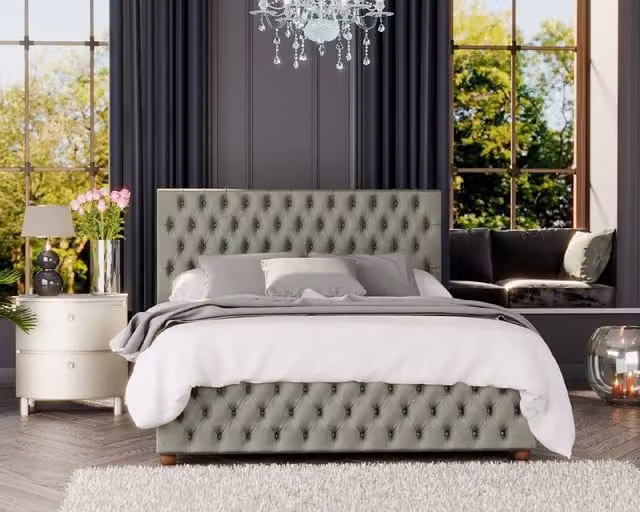 Aspire Laurence Llewelyn-Bowen Seren Grey Velvet Fabric Chesterfield Ottoman Bed with Lift Up Base