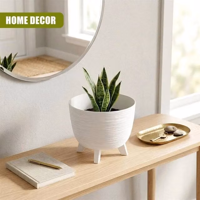 EONLION Modern Round Plant Pot with Legs in White, 23.6 cm