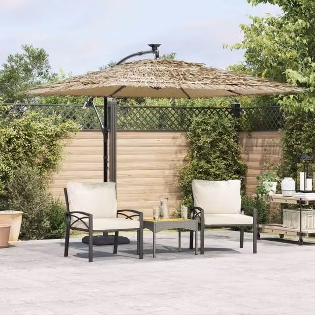 Berkfield Home Garden Parasol with LEDs and Steel Pole, Brown, W/D/H: 269 x 269 x 235 cm – 1