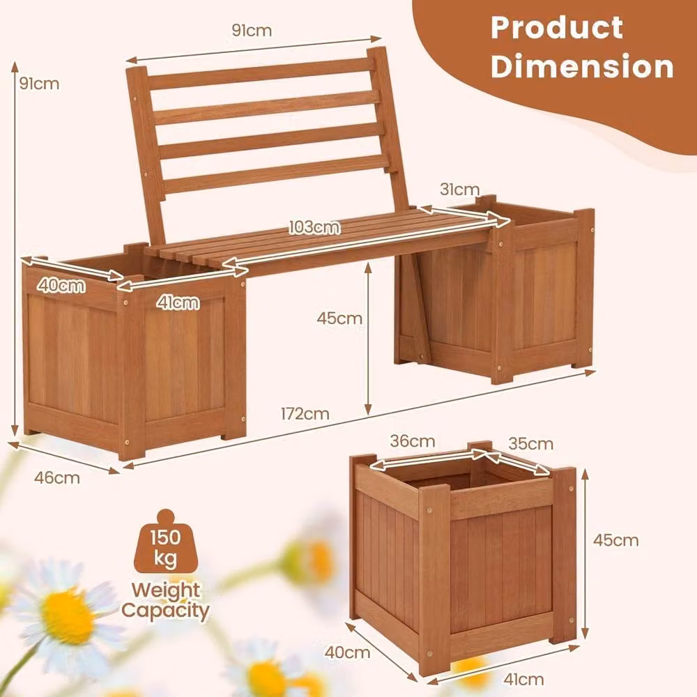 Kelvenix Rustic Oiled Wooden Planter Box with Bench and Backrest in Brown – 2