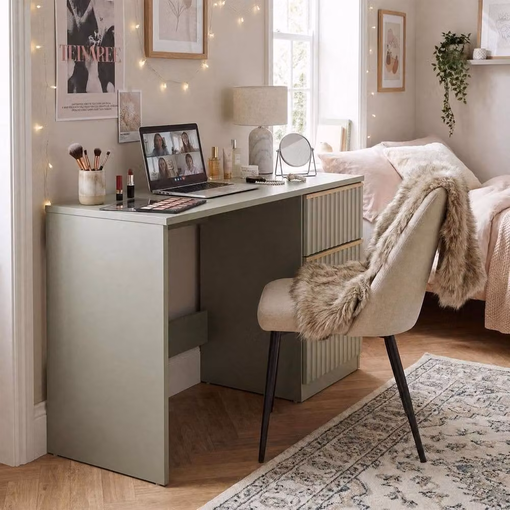FWStyle Lania Green 3 Drawer Dressing Table and Study Desk with Scallop Design and Gold Accents – 2