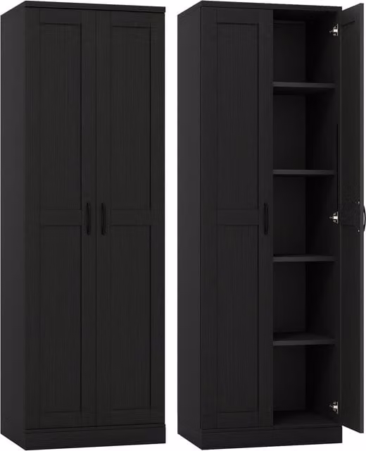 Costway Modern Black Matt Freestanding Tall Utility Storage Cabinet with Hinged Doors and Internal Shelves, Height: 177 cm