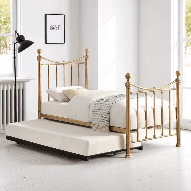 OAT Home Hampstead Metal Single Bed with Guest Trundle in Gold and Bronze, W/D/H: 90 x 190 cm
