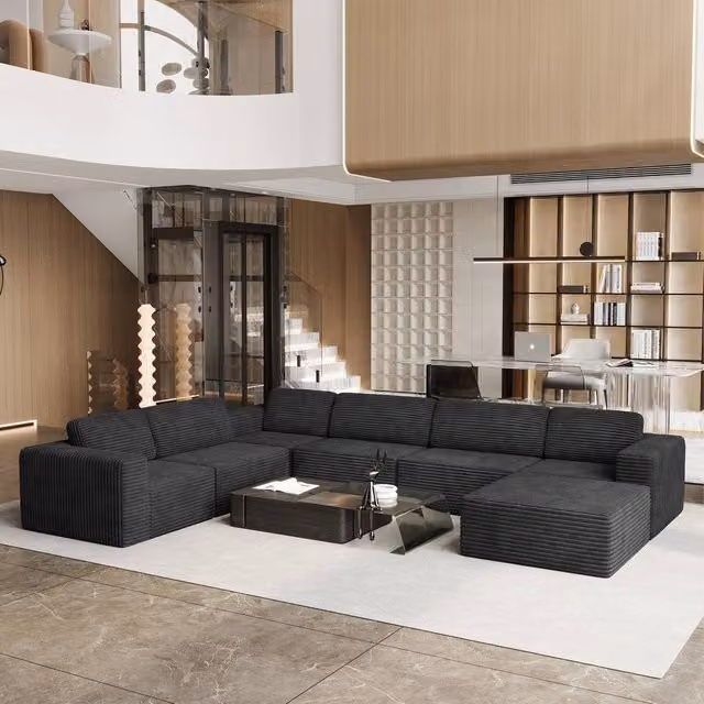 Dprodo Black Corduroy 6-Seater Modular L-Shape Corner Sofa with Matching Ottoman