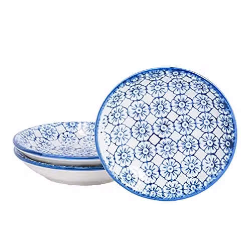 Nicola Spring Floral Hand Printed Stoneware Sauce Dishes in Blue, Pack of 3, Diameter: 10 cm