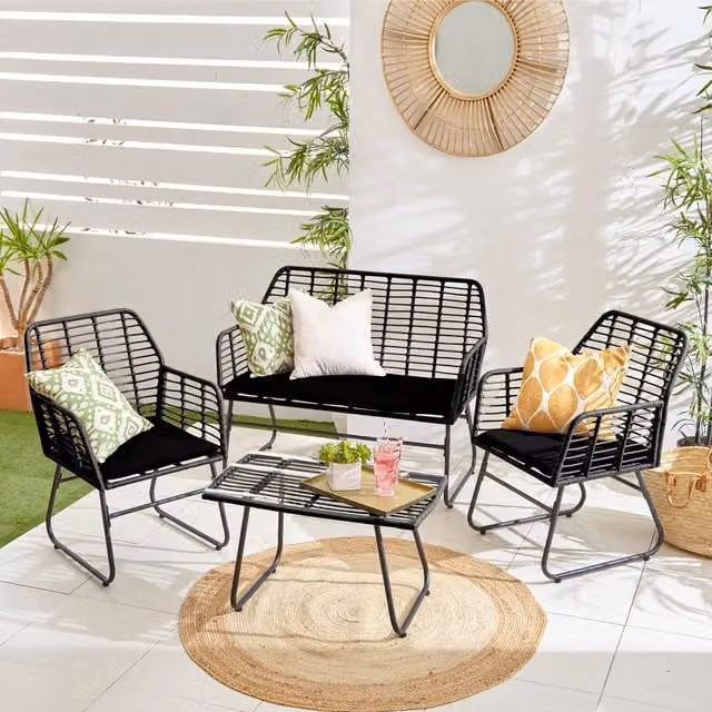 Neo Bamboo Style 4 Piece Garden Sofa, Table and Chairs Set in Black and Grey