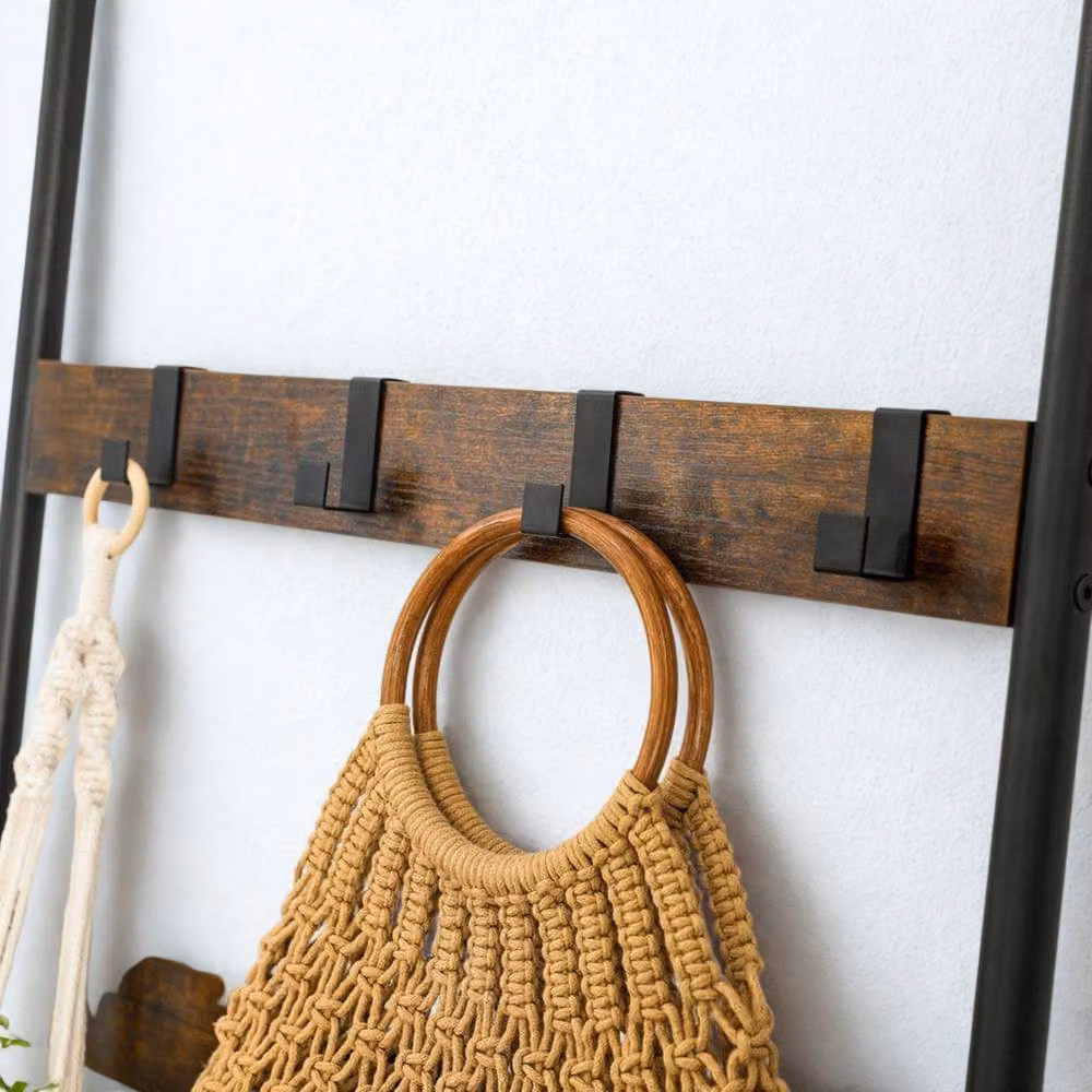 Pirlo Plush 5-Tier Brown Towel and Blanket Ladder Shelf Rack with Hooks – 5