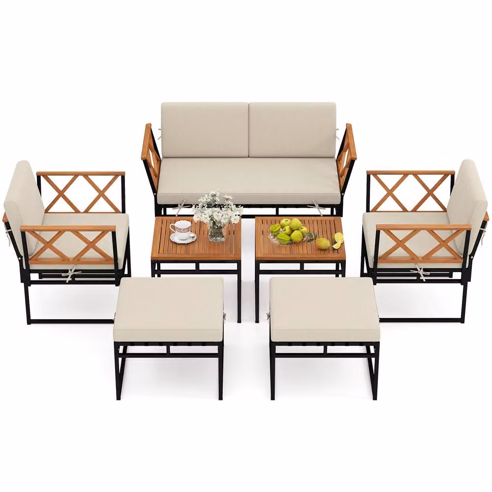 Costway 7 Piece L-Shape Outdoor Conversation Set with Metal Frame and Beige Upholstered Cushions – 2